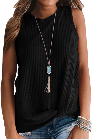 Solid Waffle Knit Tunic Casual Blouse Cute Twist Knot Tank